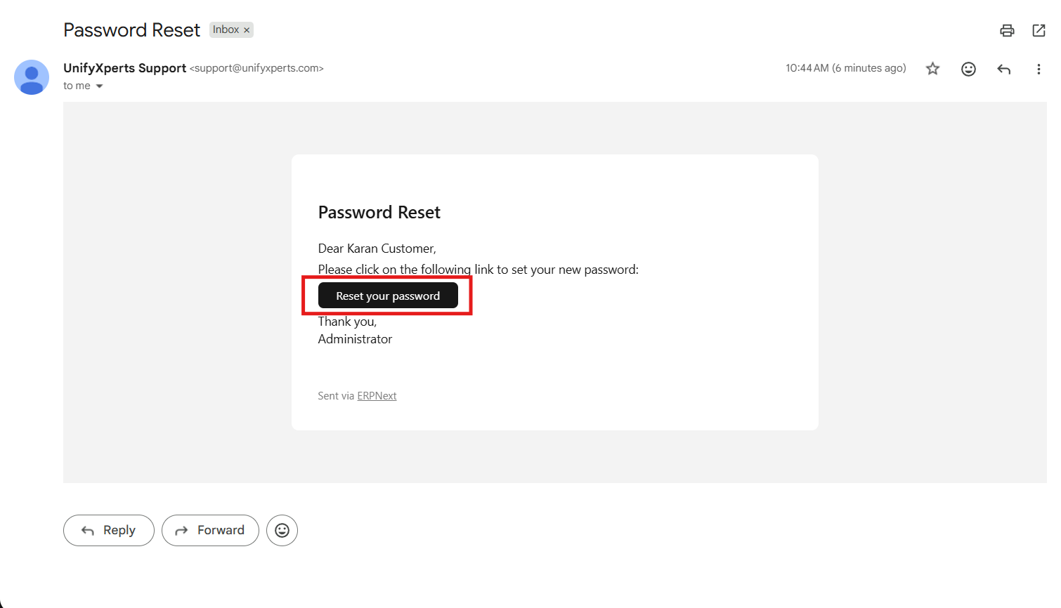 Password reset email with Reset Password button